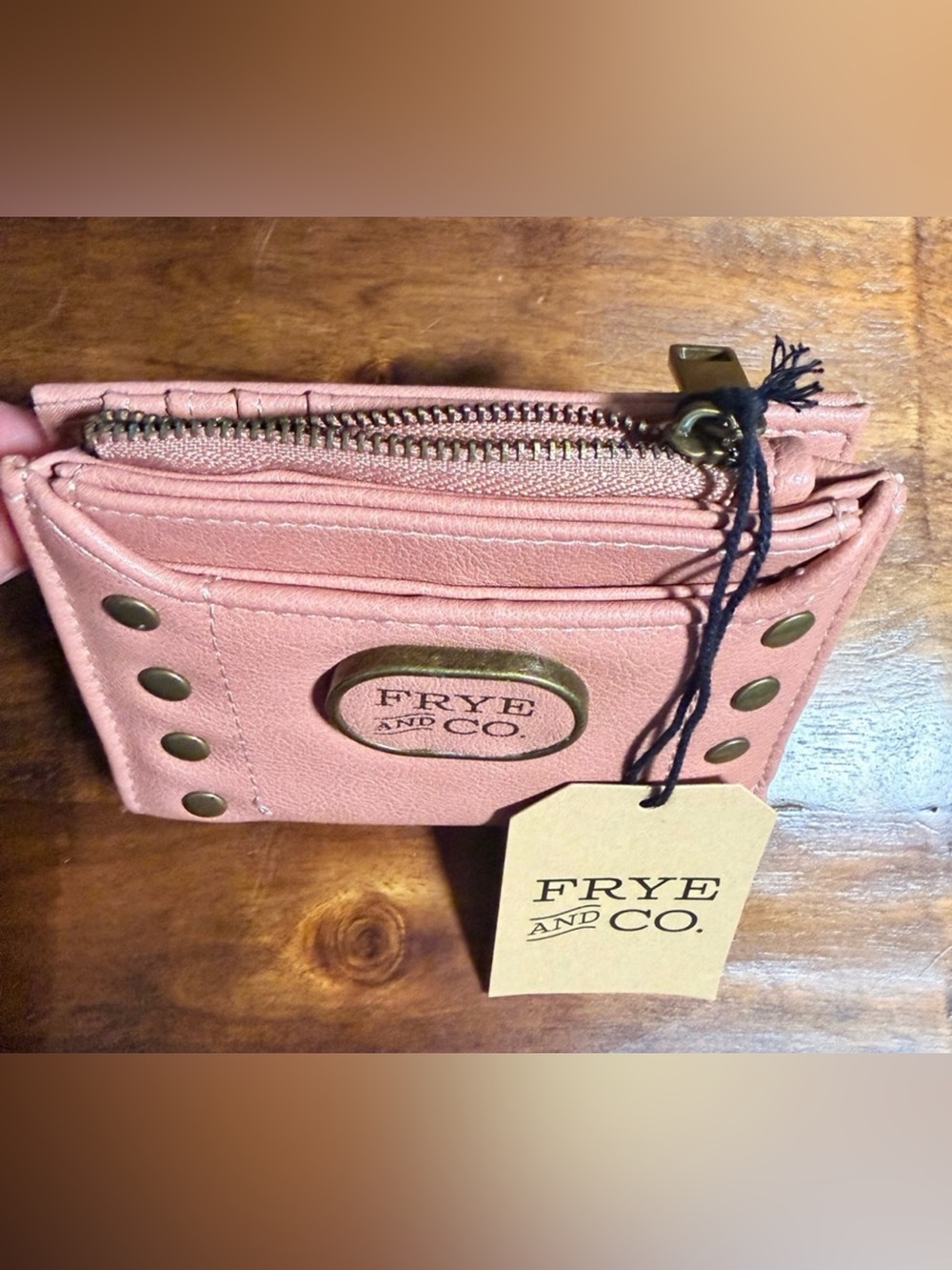 FRYE AND CO. Melissa Rose Pink zip Card Wallet with Brass Studs